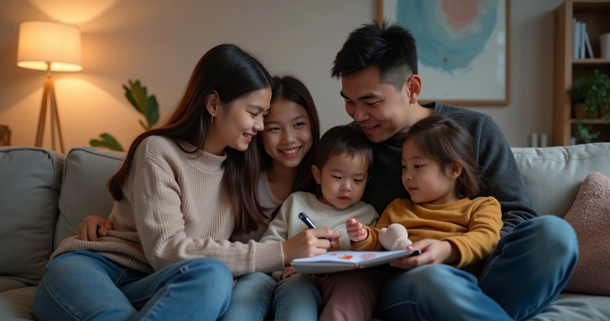 Família reunida no sofá conversando e superando medos juntos 