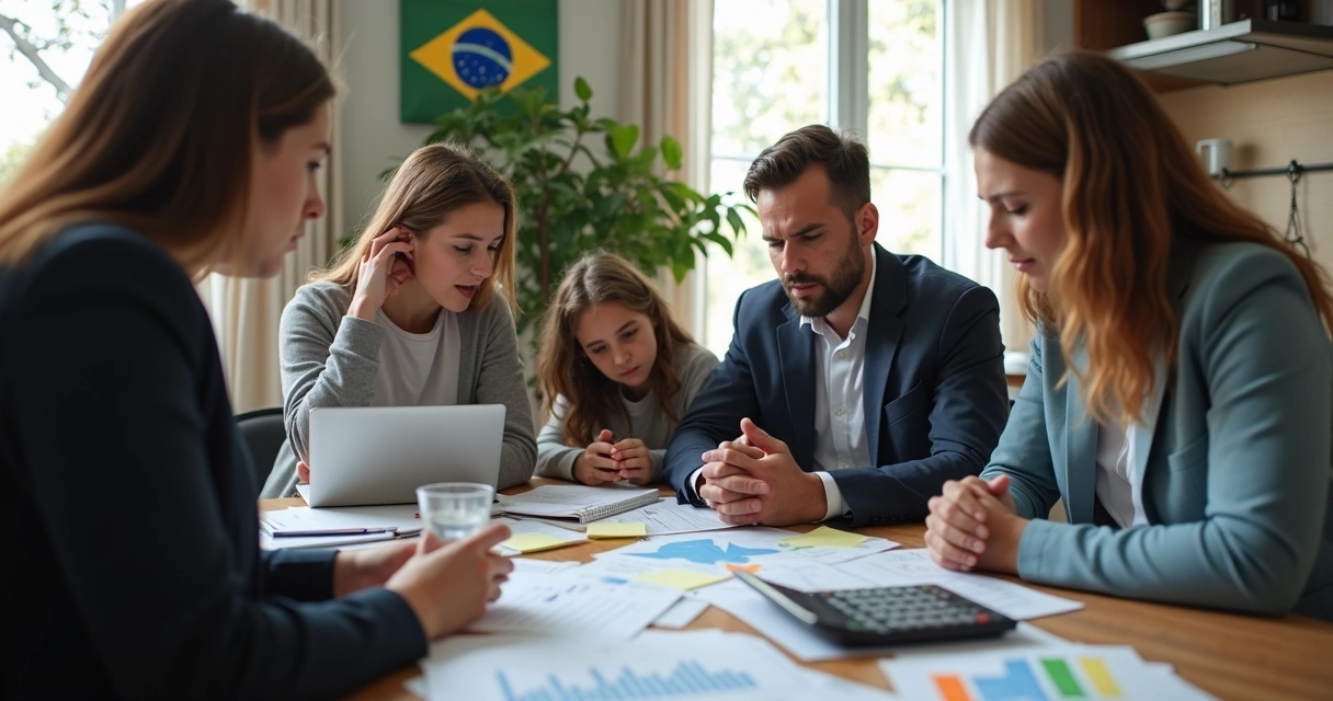 Família preocupada analisando contas com advogado em escritório 