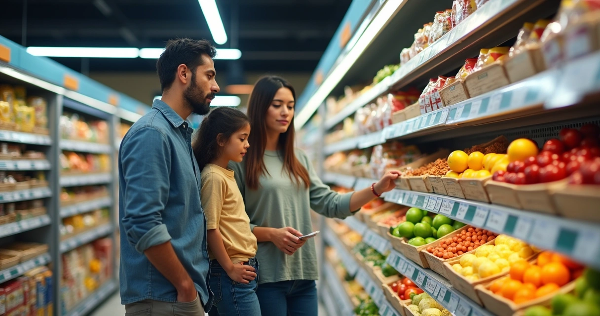 Família analisando preços de alimentos em supermercado 