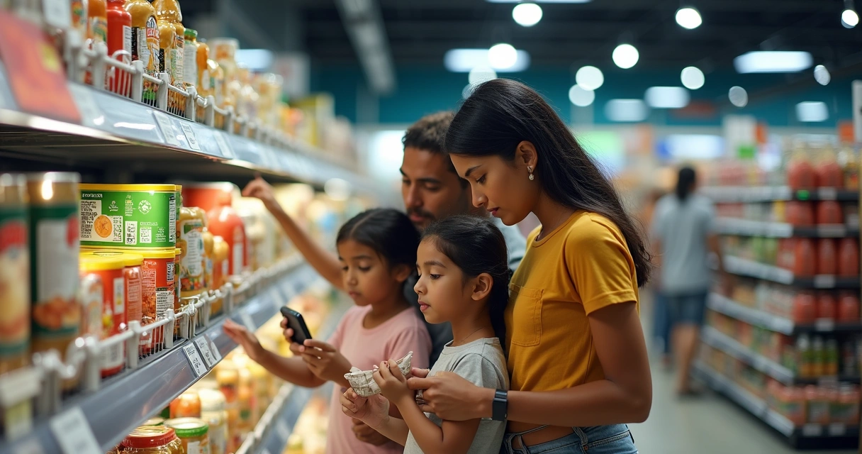Família olhando etiquetas de preço no supermercado 
