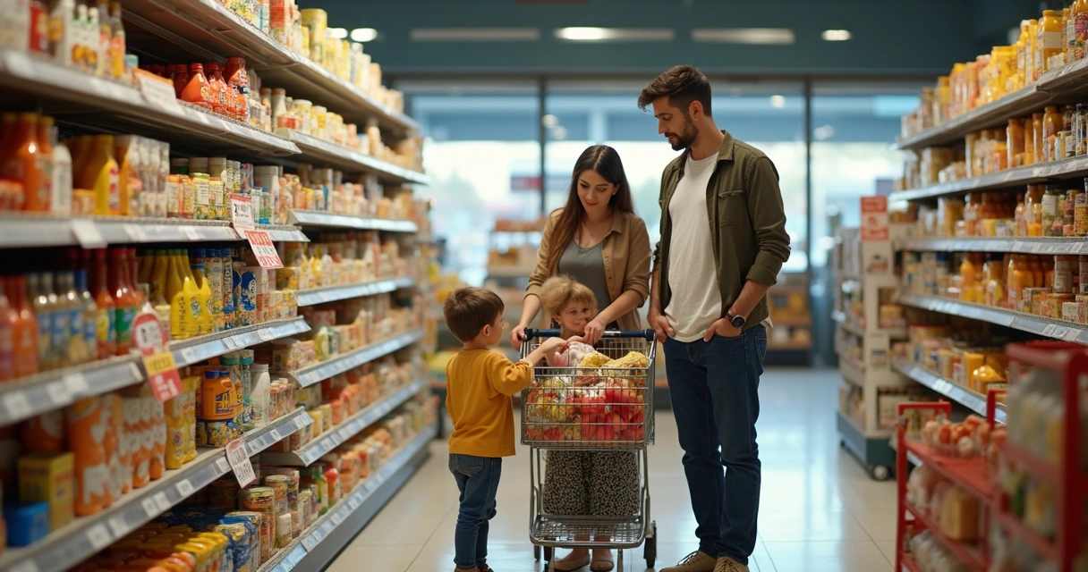 Família em um supermercado de Porto Alegre escolhendo itens da cesta básica. 