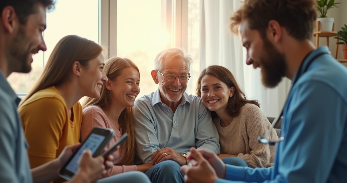 Família reunida apoiando paciente em tratamento domiciliar