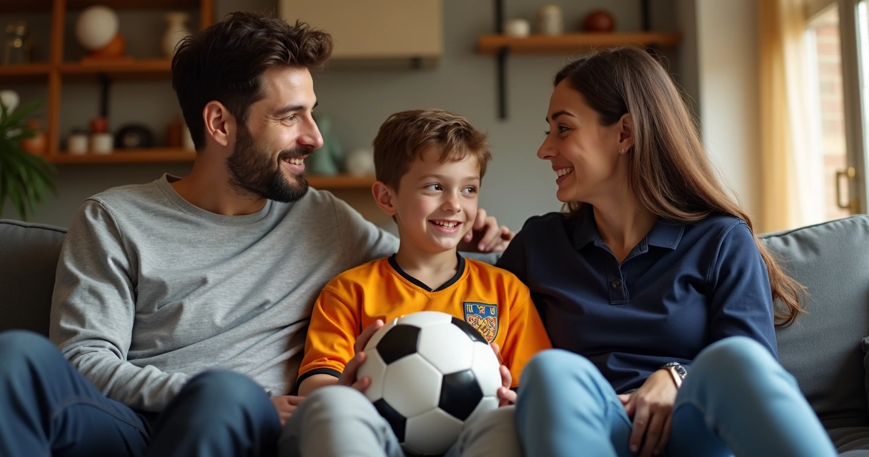 Família e atleta conversando no sofá