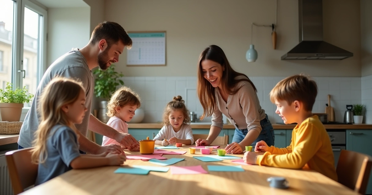 Familia repartiendo tareas domésticas alrededor de una mesa. 
