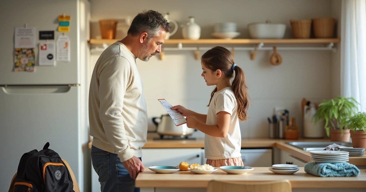 Família organizando tarefas domésticas com uma criança na cozinha 