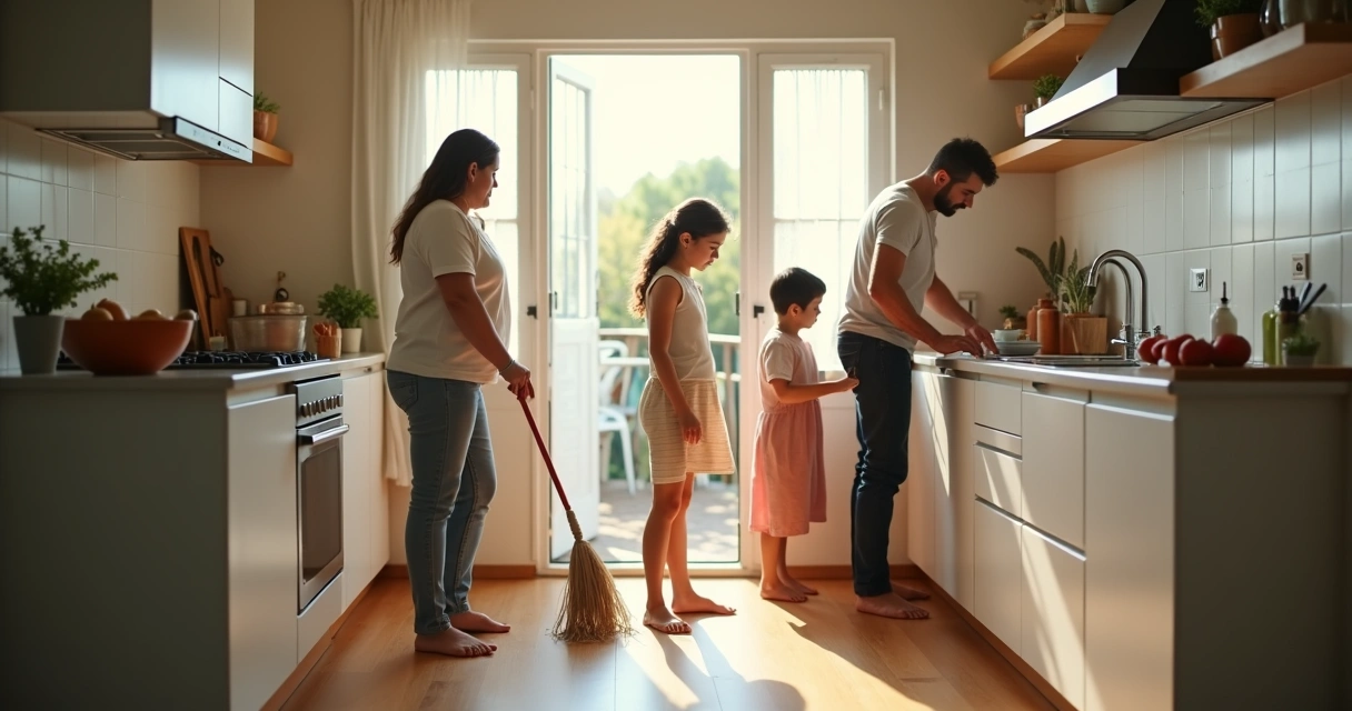 Família realizando tarefas domésticas em conjunto 