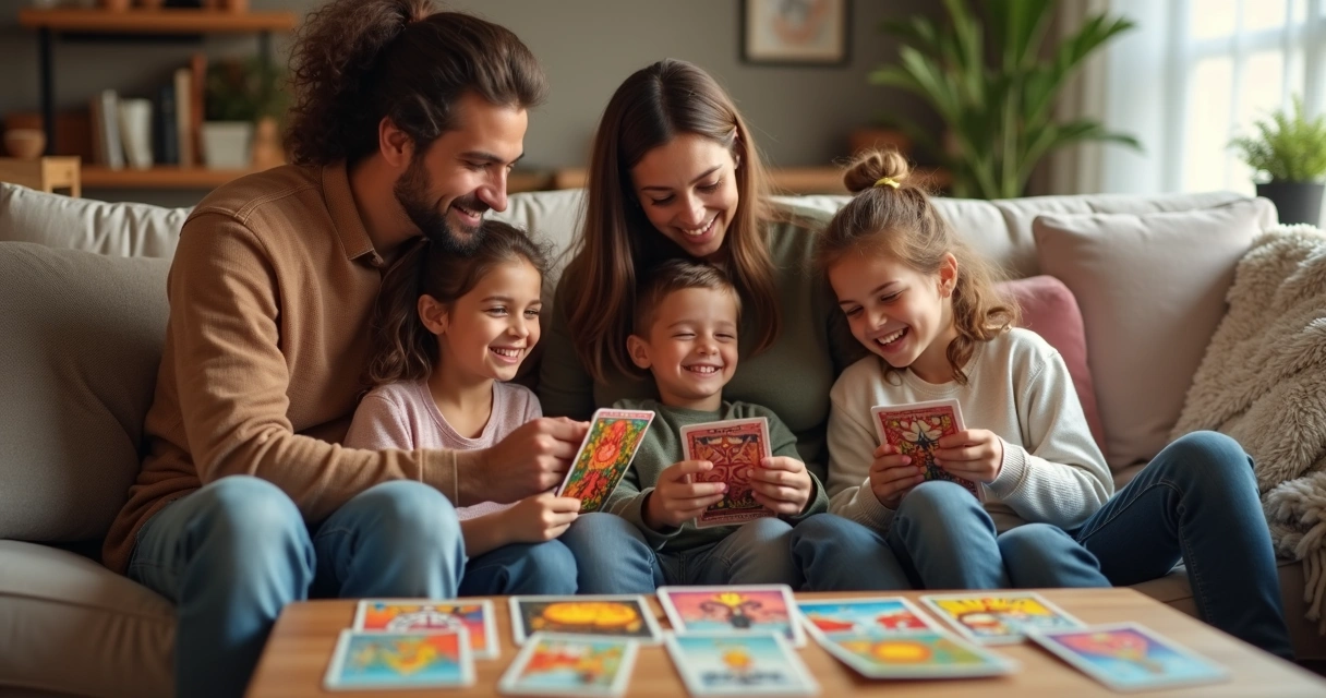 Família reunida no sofá brincando com cartas de tarot infantis
