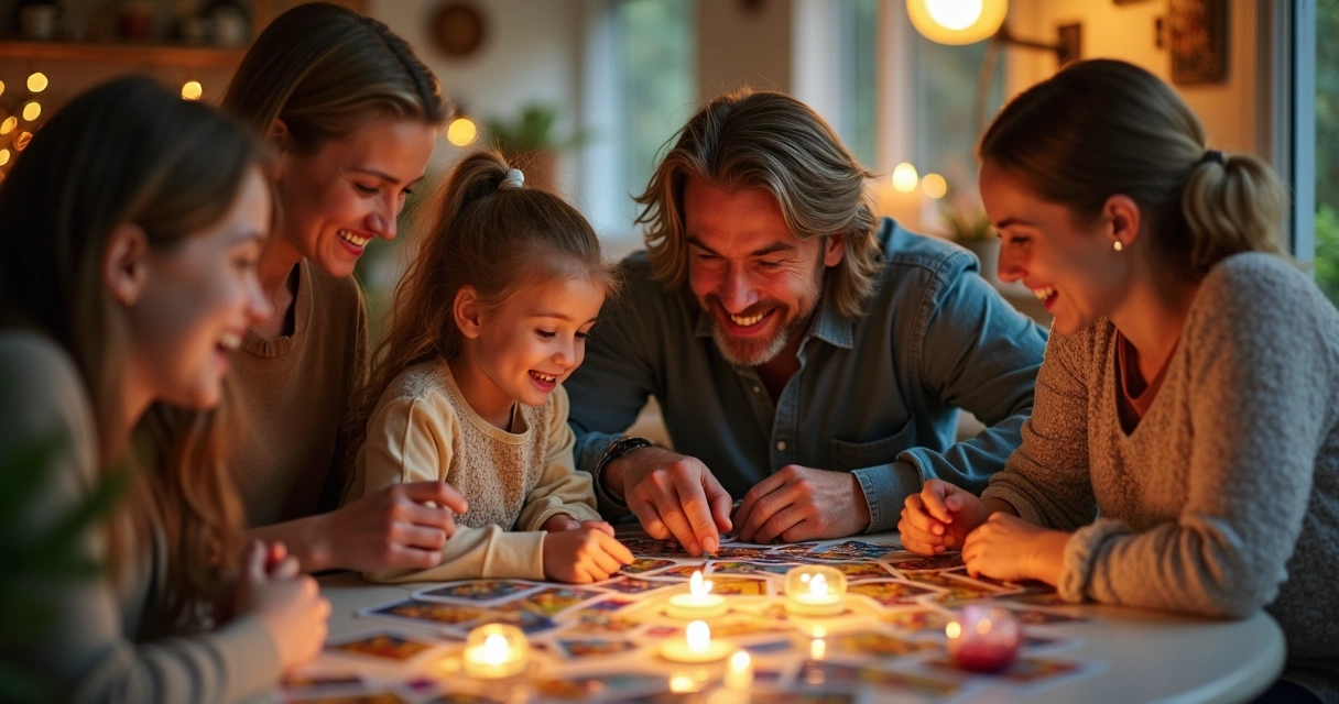 Família reunida brincando com cartas de tarot em mesa colorida 