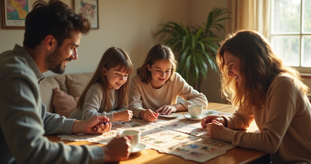 Família reunida com cartas de tarot na mesa 