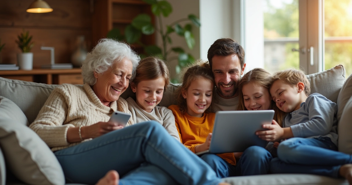 Família de diferentes idades usando tecnologia juntos em sala iluminada.