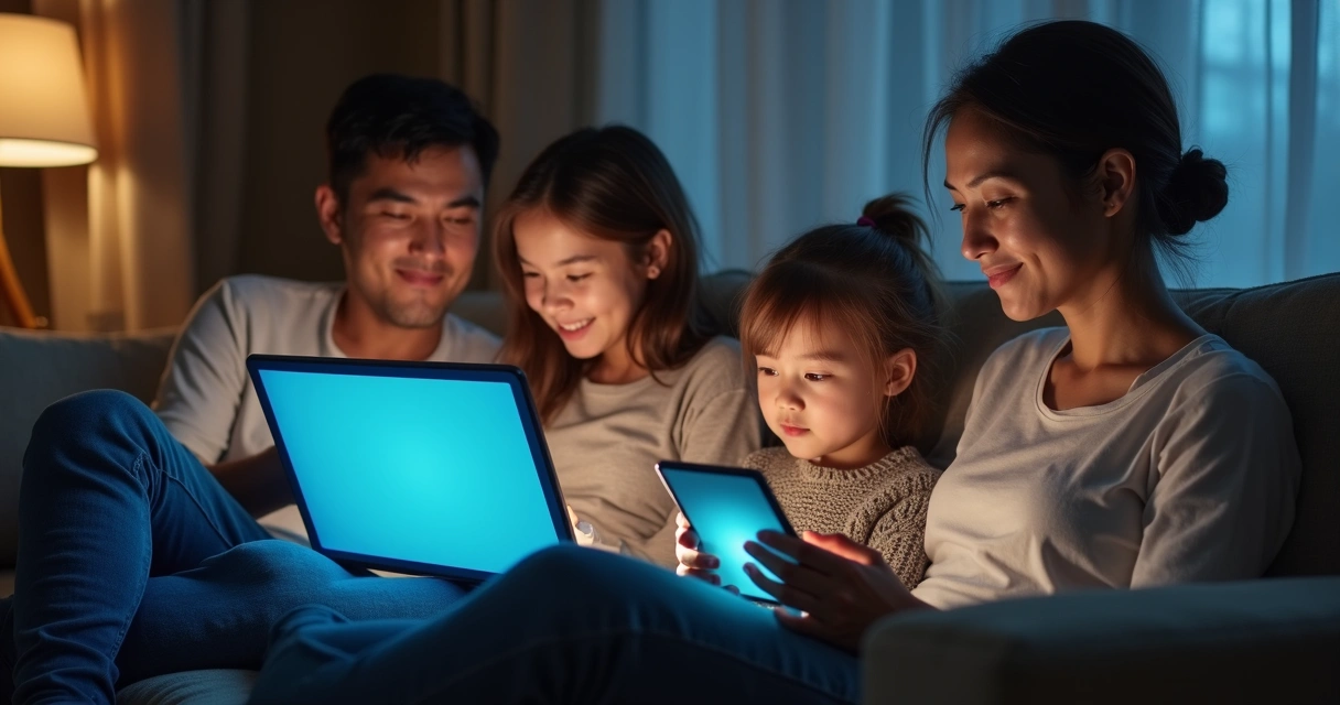 Família reunida em casa, todos usando aparelhos tecnológicos. 