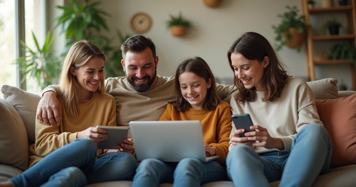 Familia usando dispositivos en sala, pero compartiendo juntos 