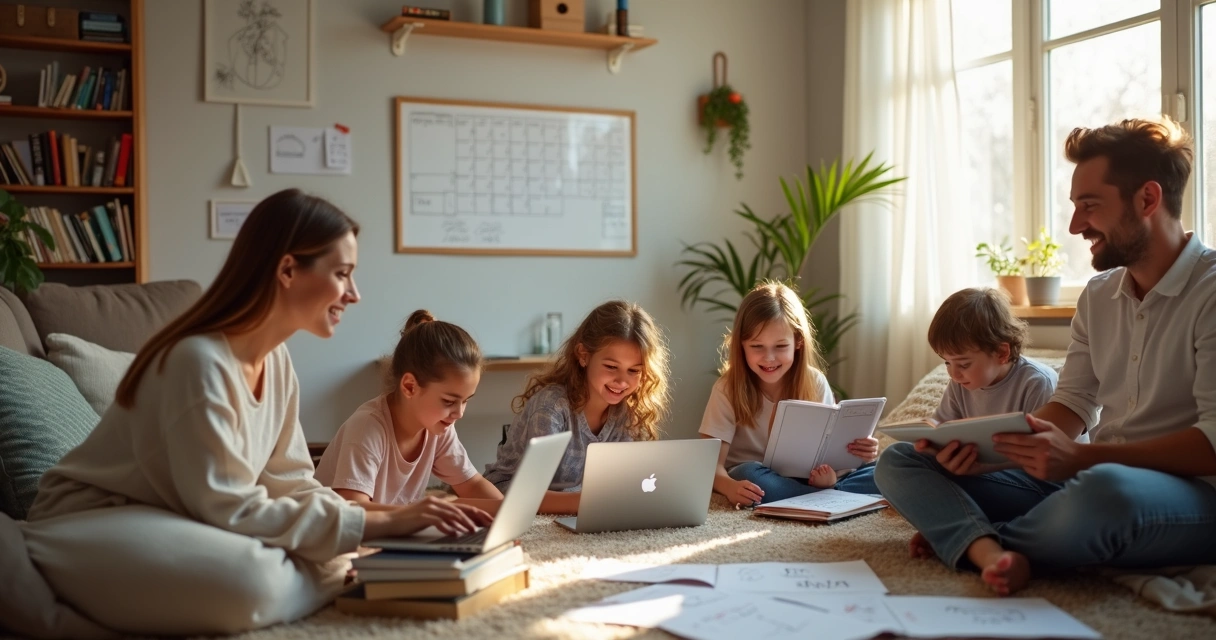 Mãe com cinco filhos e marido trabalhando em casa com computadores 