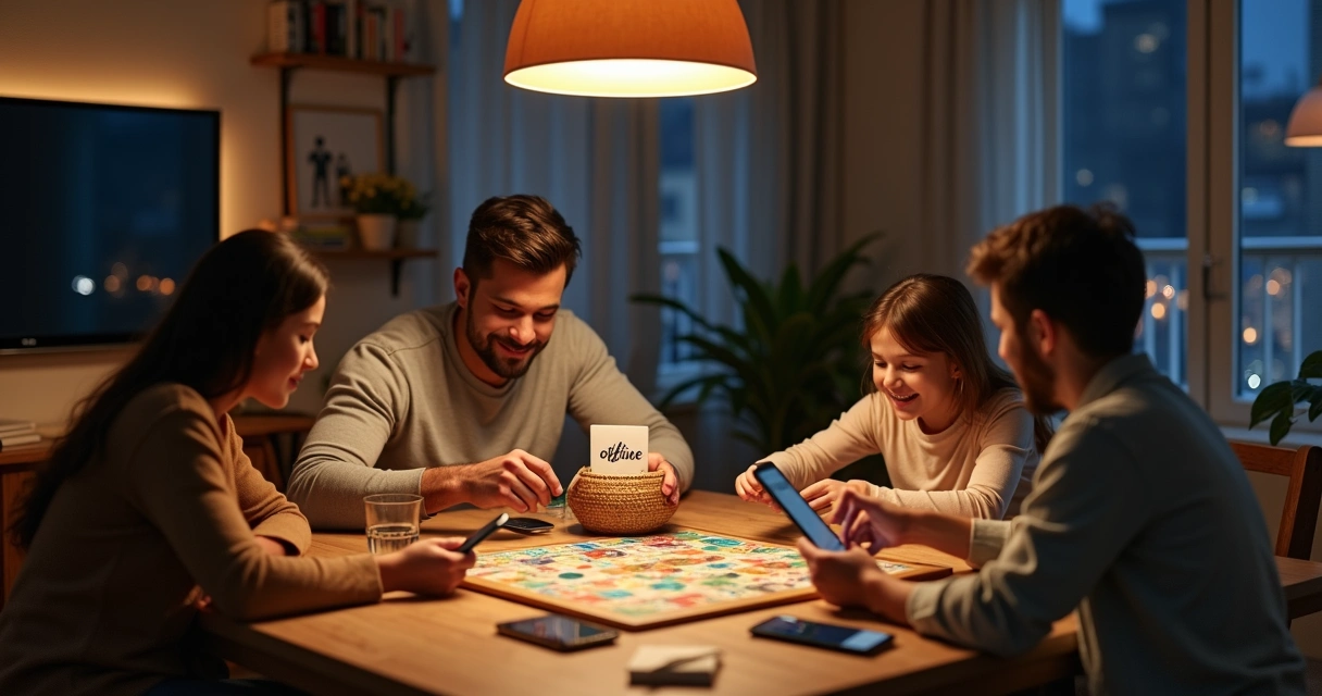 Família reunida à mesa misturando tecnologia e conversa presencial 
