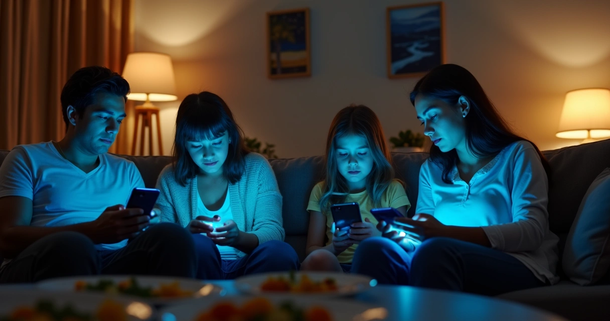 Família na sala com telas entre a convivência 