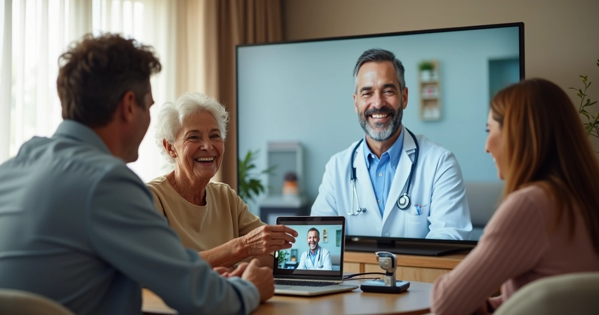 Família satisfeita ao receber atendimento de home care digital