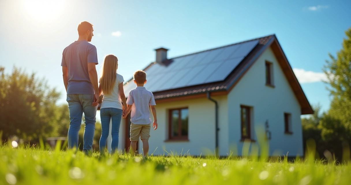 Família observando painéis solares no telhado de casa 