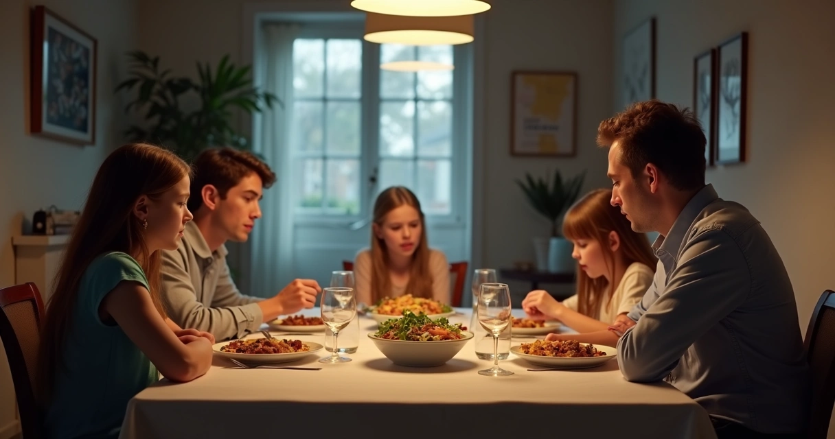 Família em silêncio à mesa de jantar. 