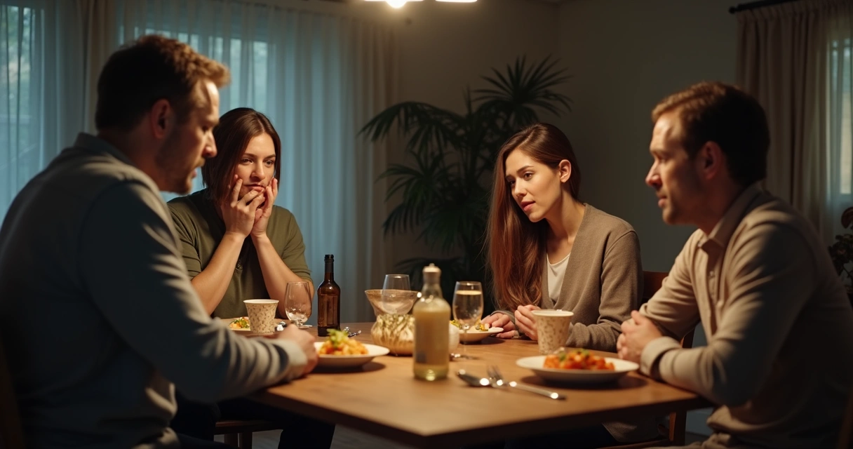 Família sentada à mesa do jantar em clima tenso