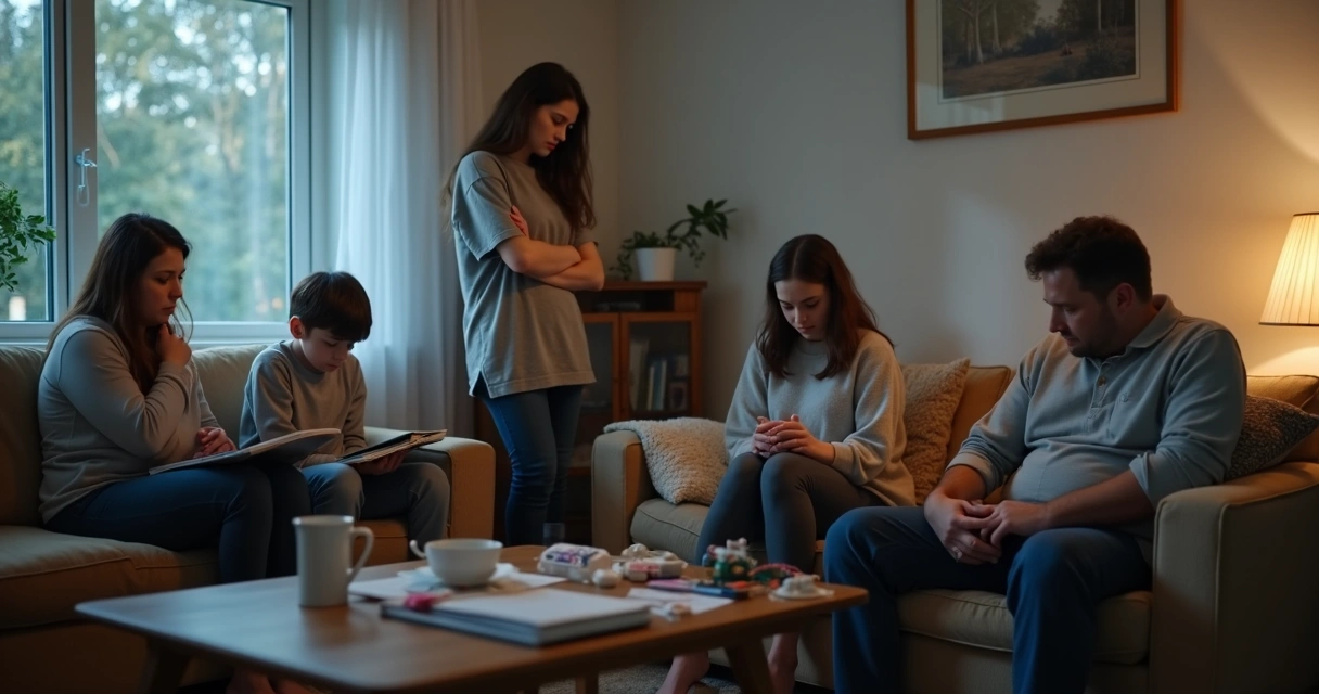 Familia en silencio en un salón con tensión visible 