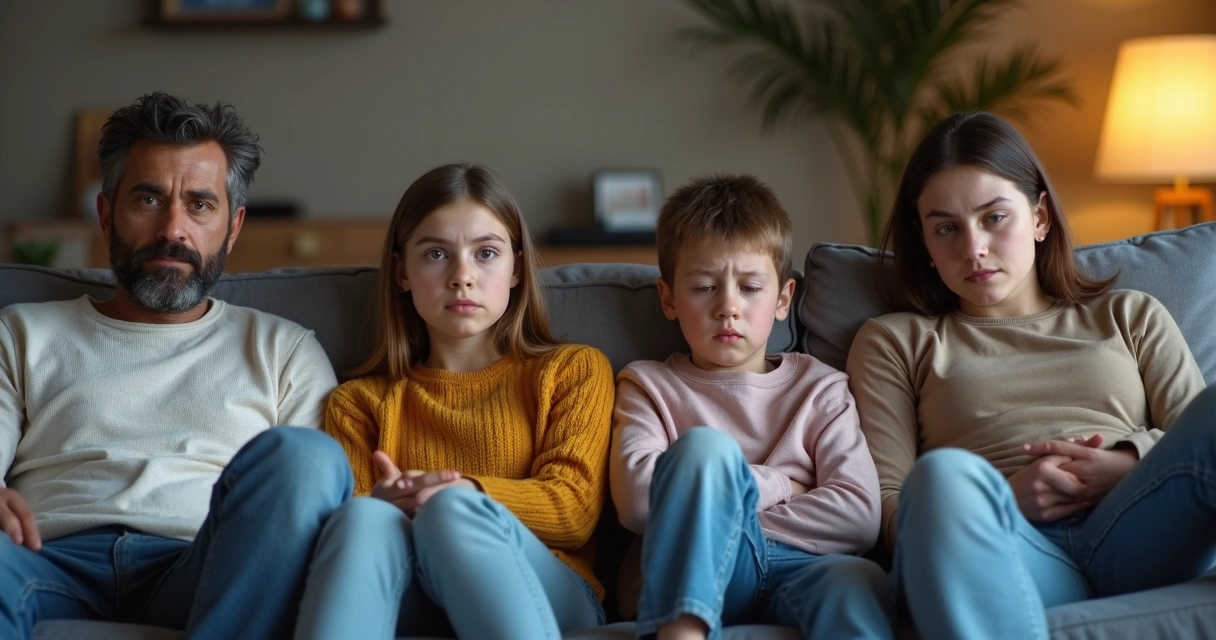 Familia sentada en un sofá con miradas tensas y expresión seria 