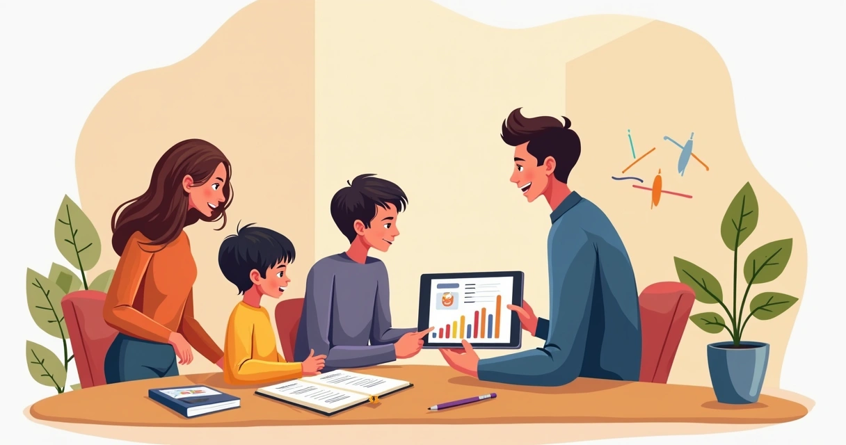 Terapeuta conversa com família e criança durante sessão de terapia ABA 