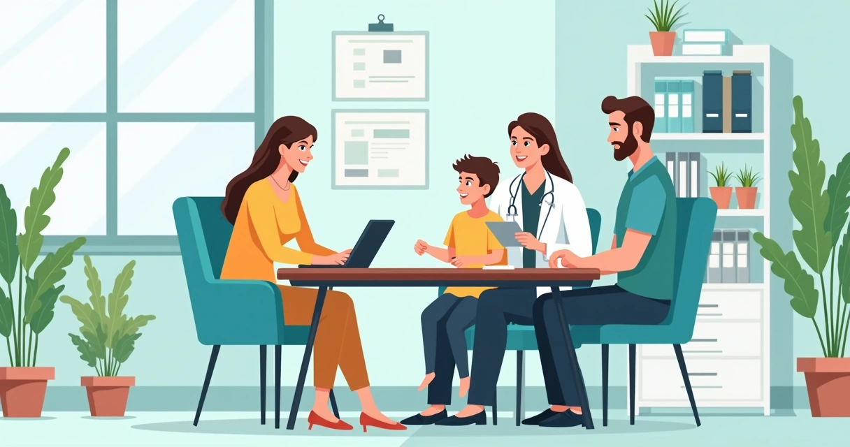 Terapeuta conversando com família em ambiente acolhedor 