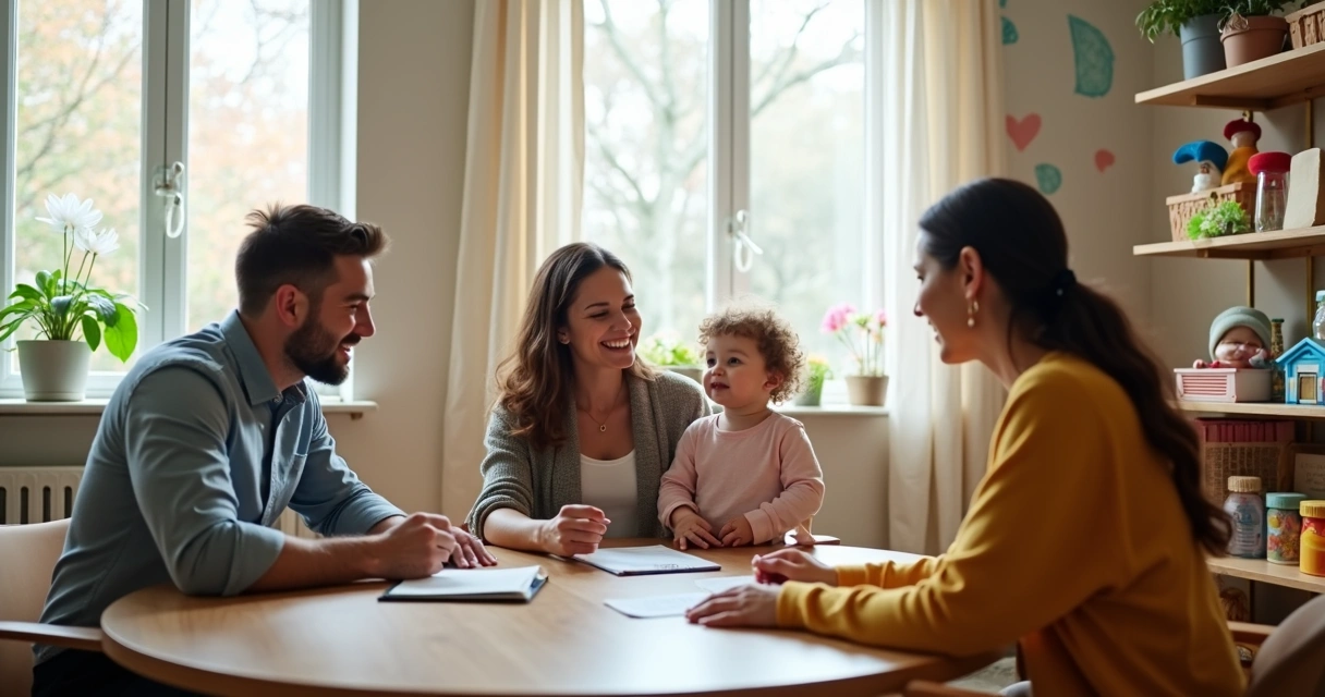 Encontro entre família e terapeuta em sala de terapia 