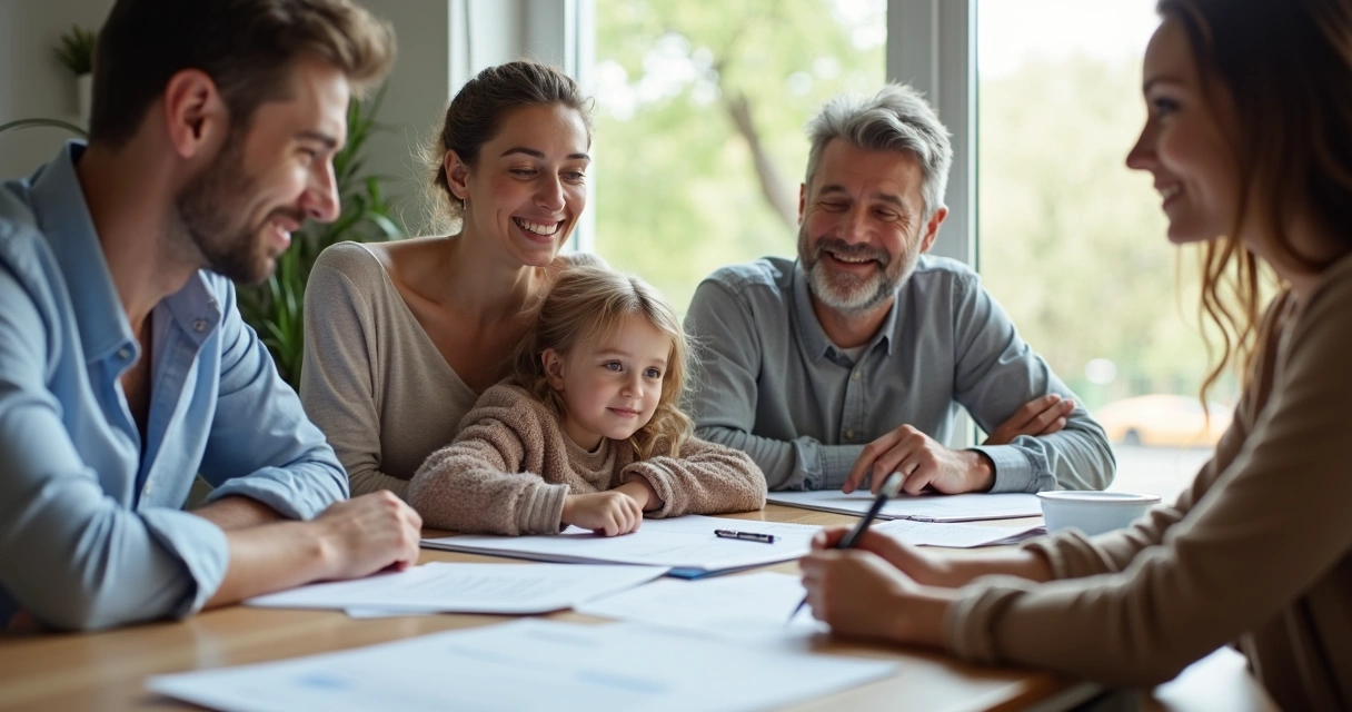 Família reunida com terapeuta e documentos em mesa 
