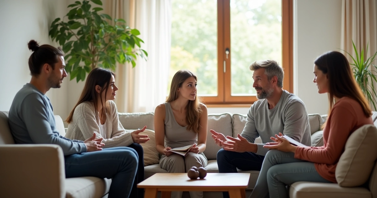 Família em sessão de terapia sentada em círculo com terapeuta conduzindo diálogo calmo 