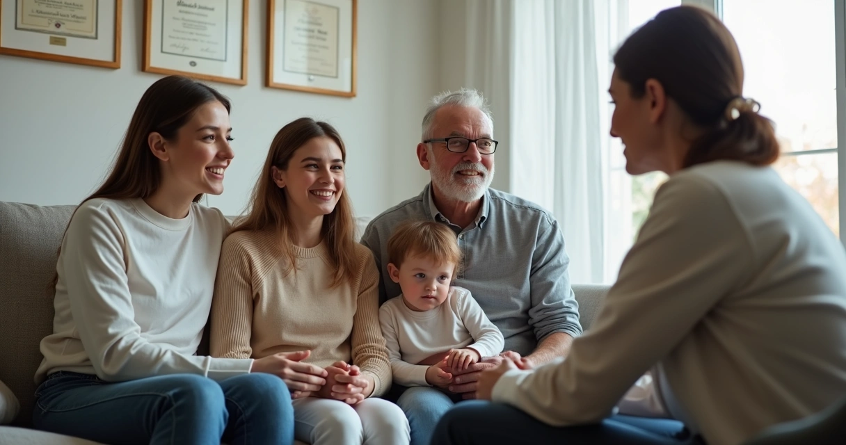 Família reunida em sessão de terapia familiar 