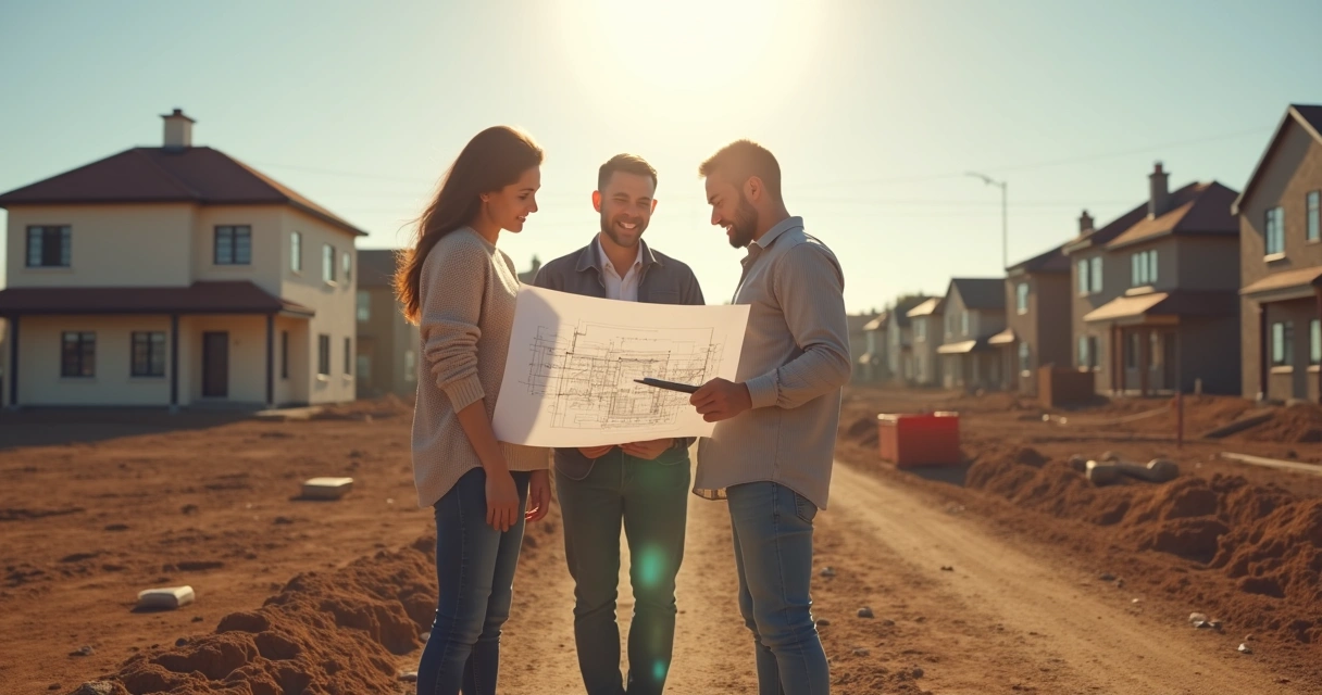 Família analisando projeto de casa em terreno vazio 