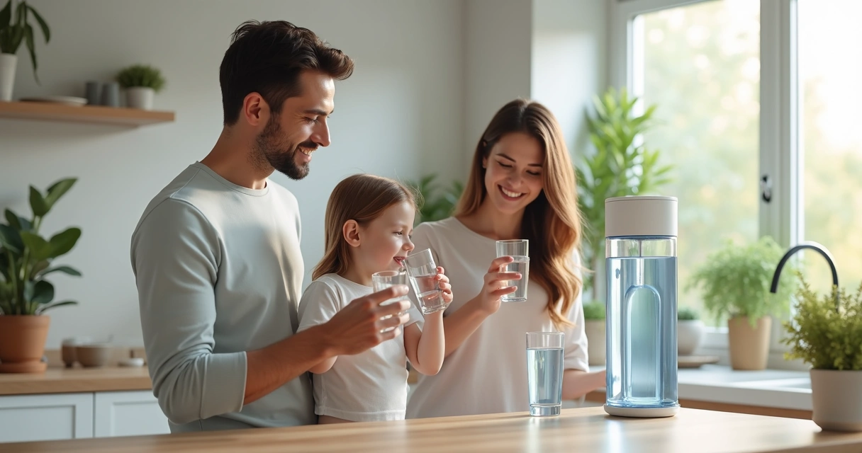 Família bebendo água em casa 