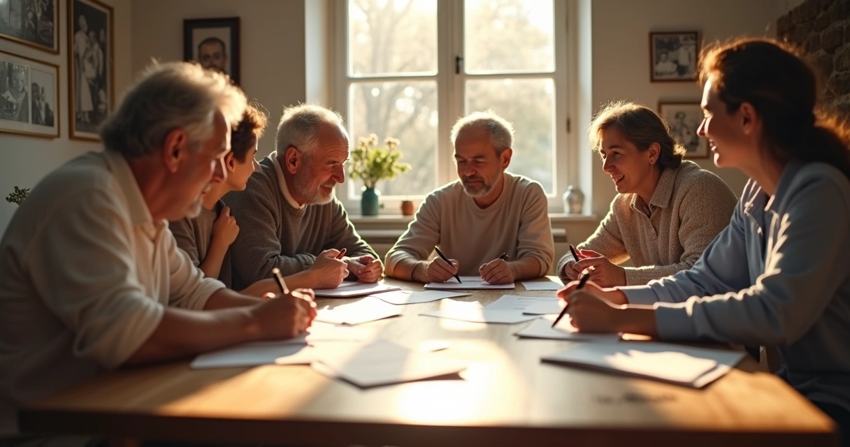 Família reunida ao redor de uma mesa tomando uma decisão conjunta 