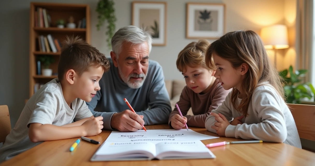 Família reunida à mesa apontando para quadro com valores éticos 