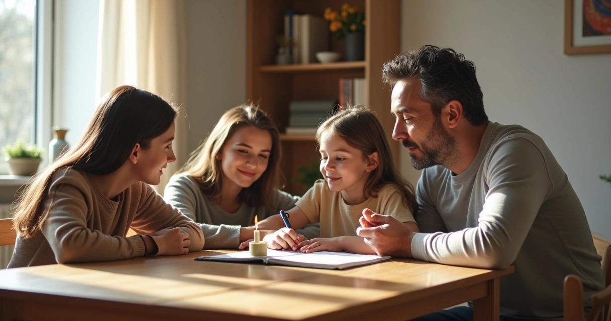 Família sentada em volta da mesa tomando decisão em conjunto 