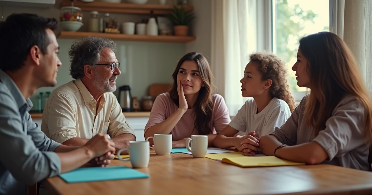 Família reunida ao redor de uma mesa discutindo juntos 