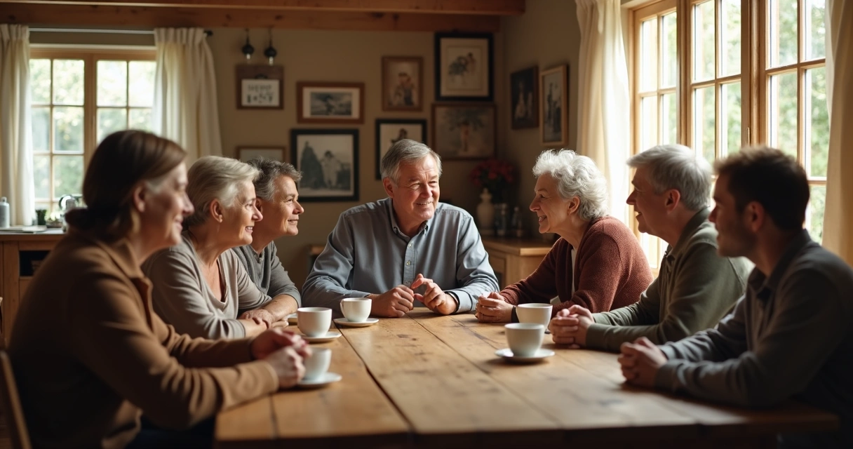 Grupo familiar conversando sentados alrededor de una mesa de madera 