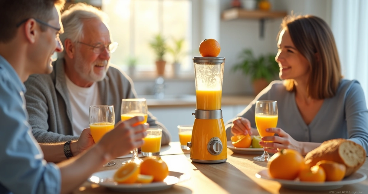 Família reunida tomando suco natural no café da manhã 
