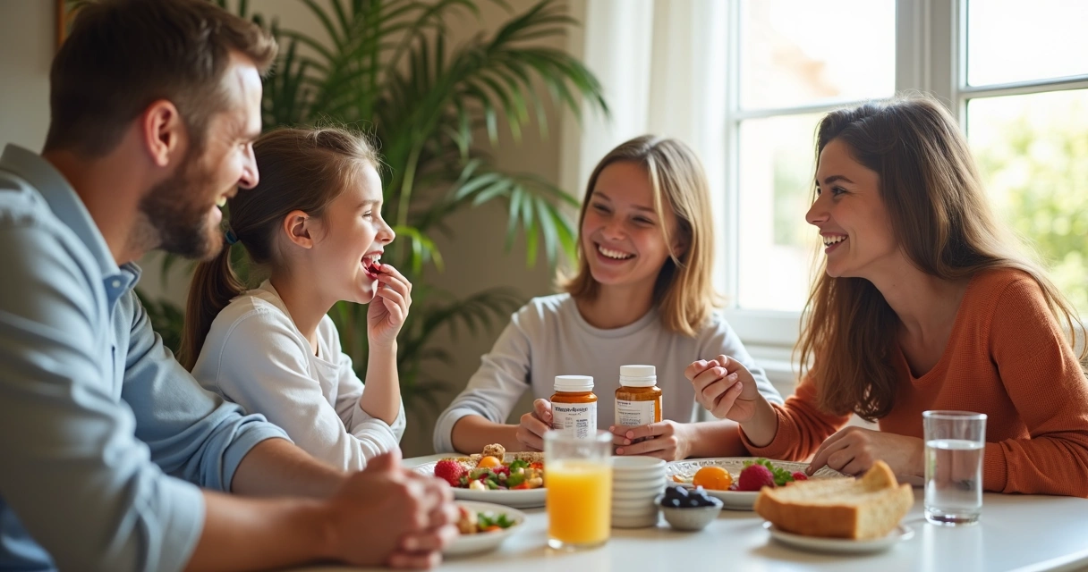 Família reunida tomando suplementos na mesa do café da manhã