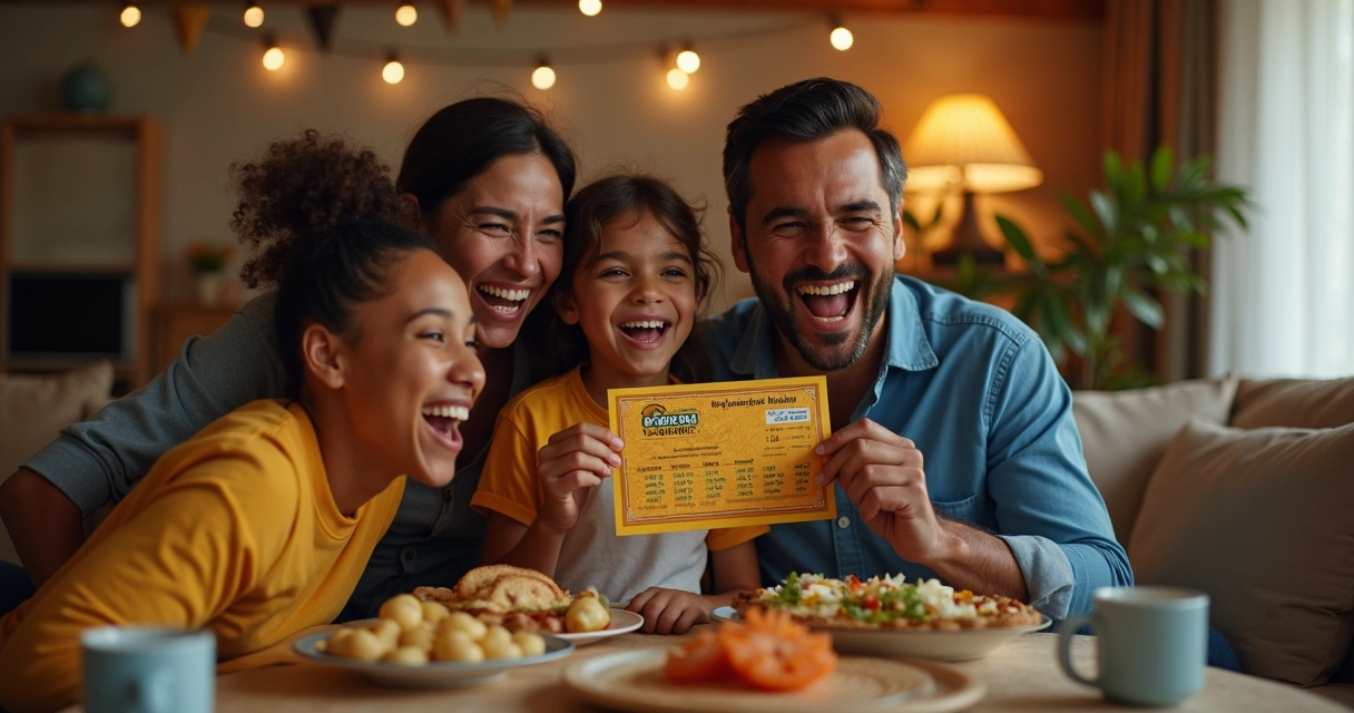 Família comemorando com bilhete da Mega da Virada na mão 