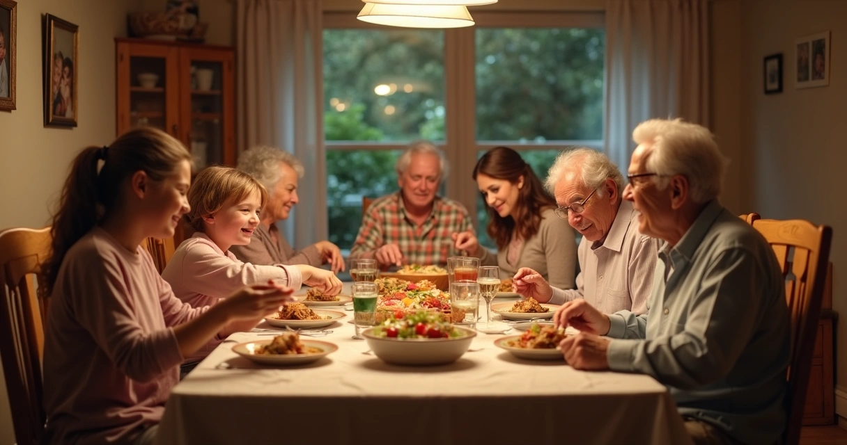 Família reunida de várias gerações sentados à mesa