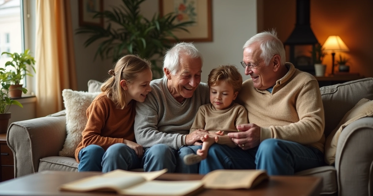 Três gerações sentadas juntas, compartilhando momentos em uma sala iluminada 