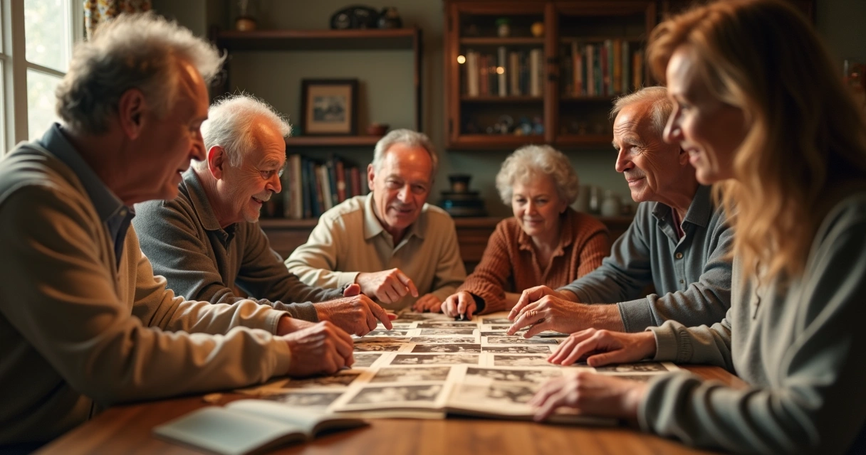 Família reunida conversando e compartilhando histórias ao redor de uma mesa 