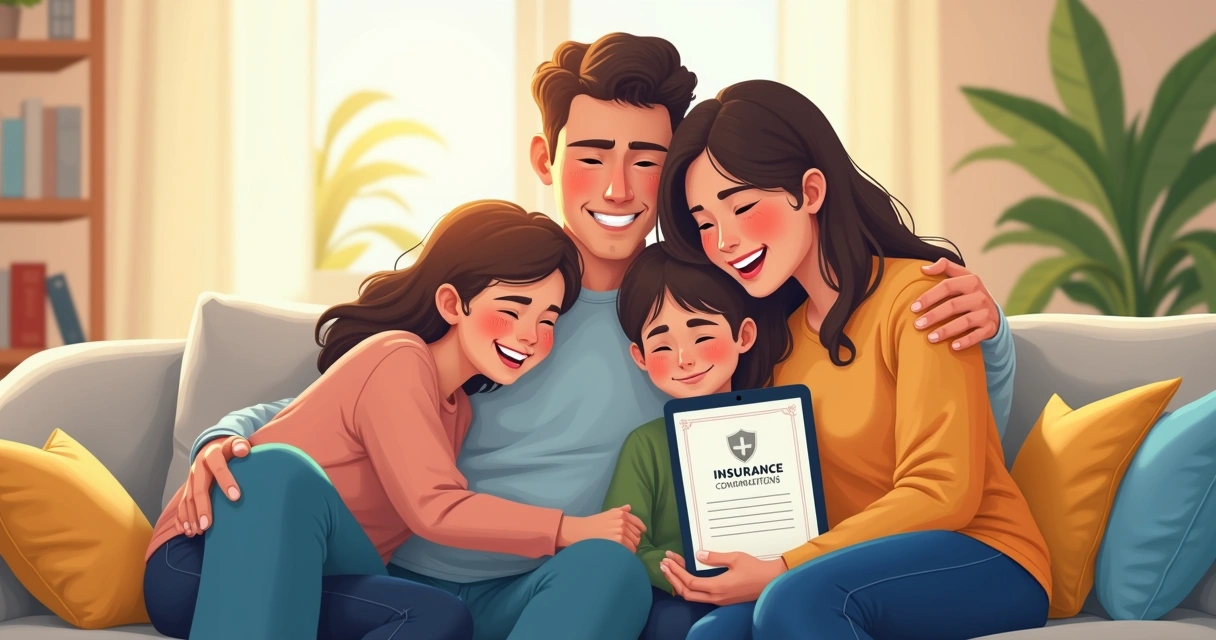 Família sorrindo junta no sofá depois de receber indenização de seguro. 