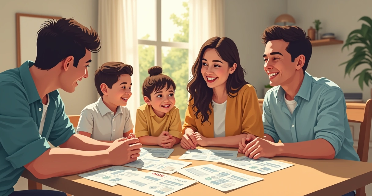 Família sorrindo em casa, contas pagas sobre a mesa, ambiente iluminado e seguro de vida visível. 