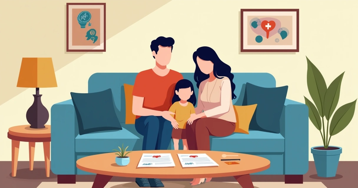 Família reunida no sofá olhando para a câmera com expressão tranquila e sorridente, representando proteção financeira 