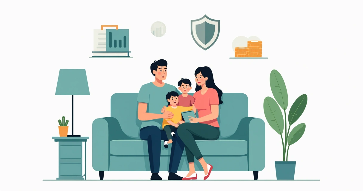 Família tranquila sentada no sofá, protegida financeiramente 