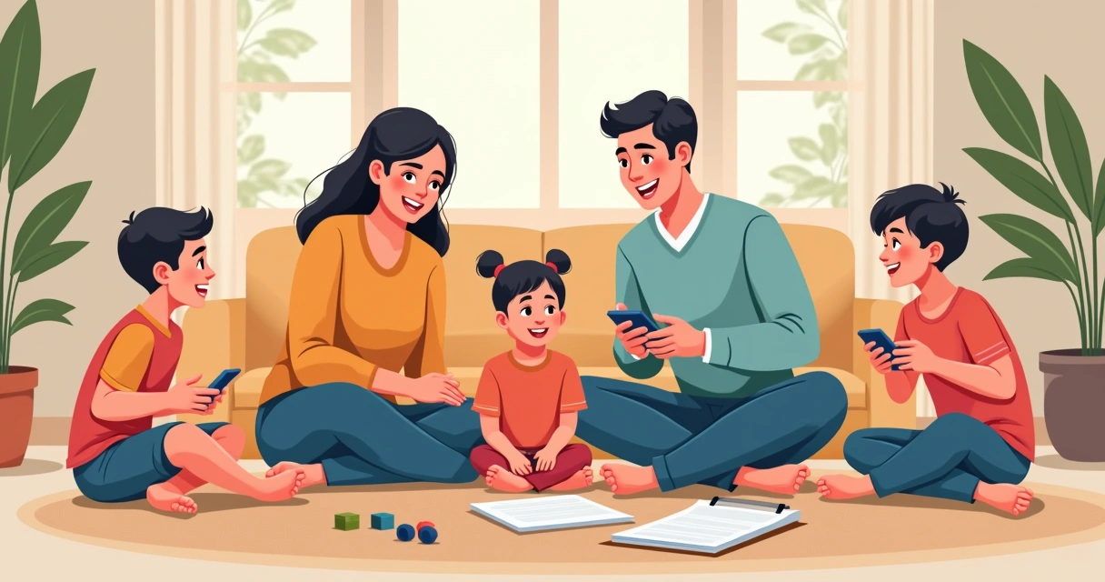 Família reunida num ambiente doméstico, algumas crianças brincando e adultos conversando, clima de tranquilidade.