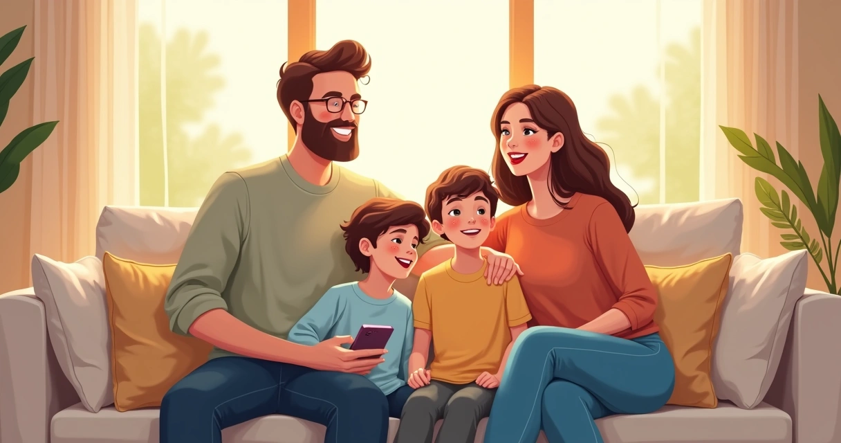 Família reunida sorrindo sentada em sofá, com expressões de tranquilidade, luz natural e casa bem iluminada 